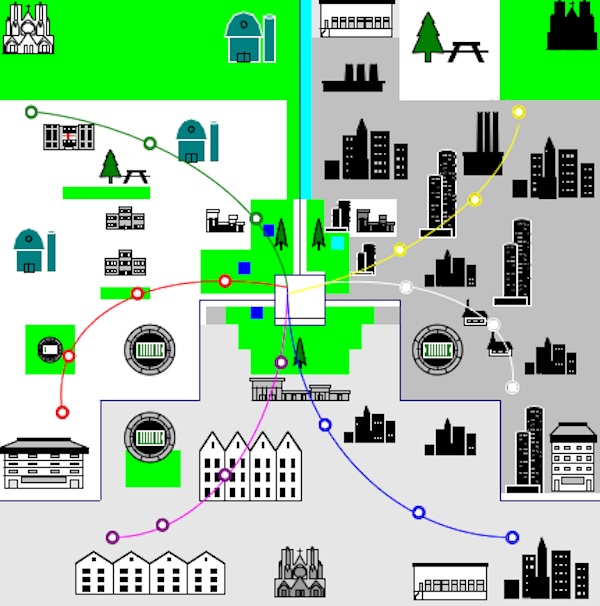 TriadCity's three Thirds are separated by rivers, with Sanctuary Island at the center